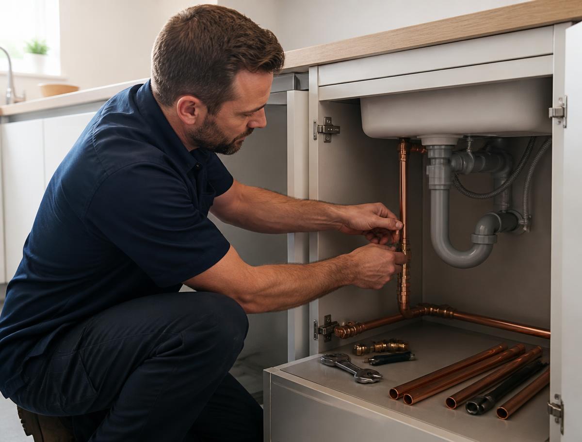 Plumber installing new copper supply lines under a kitchen sink