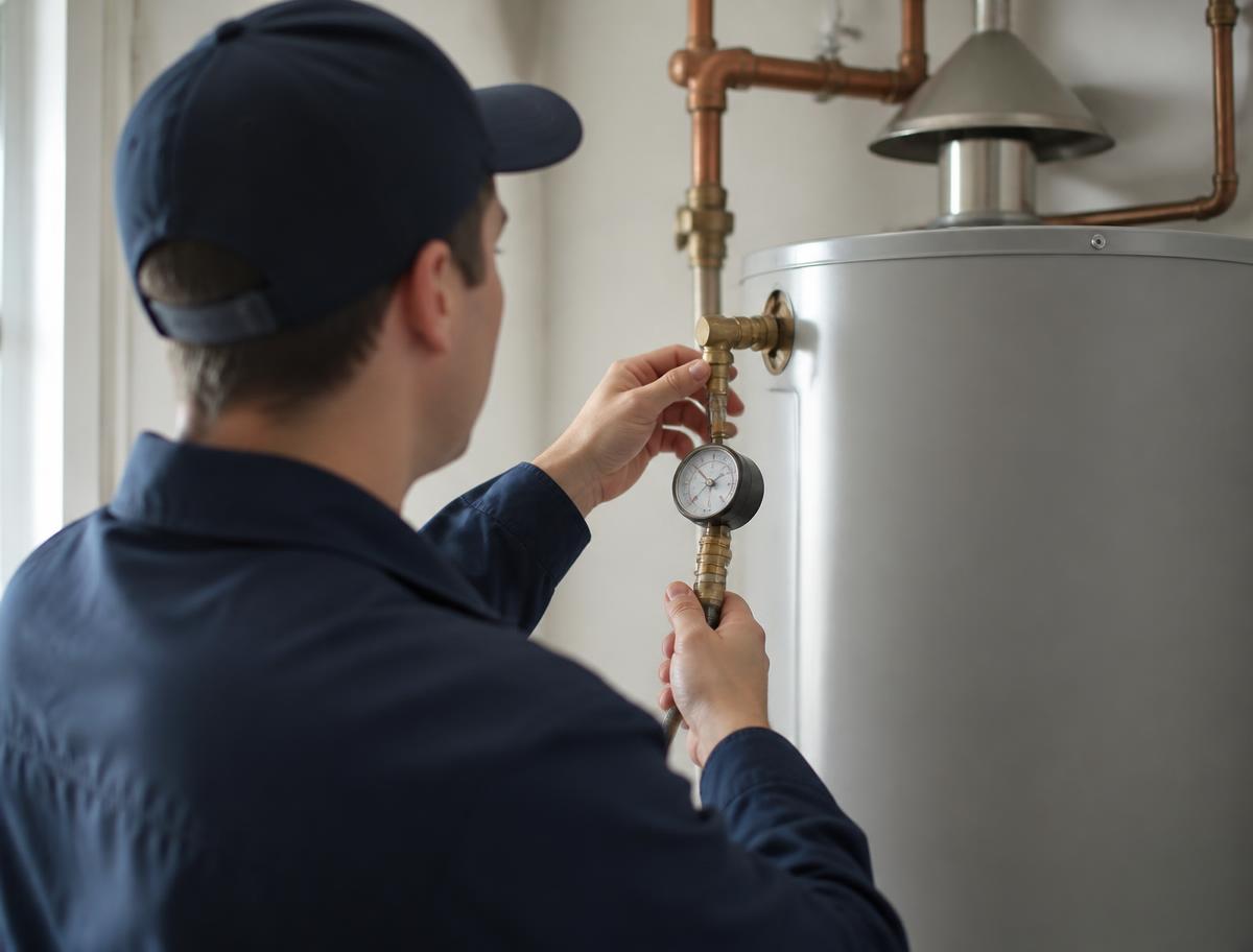 Technician checking the pressure valve on a residential water heater